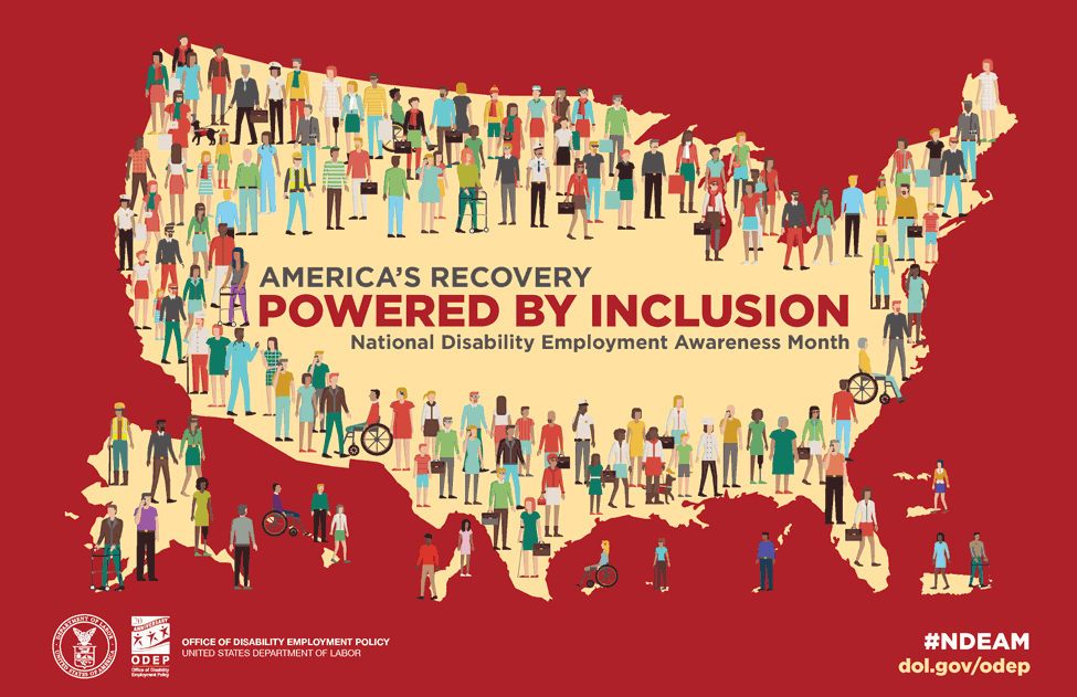 2021 NDEAM poster showing outline of USA with people of diverse abilities all around the country